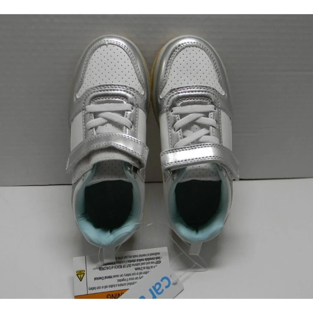 Carter's White Silver Metro Girls Tennis Shoes Hook / Eye Pull-on Light Up NWT